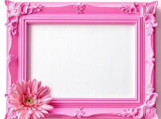 Pink ornate frame with blank white space and gerbera daisy detail close up studio shot