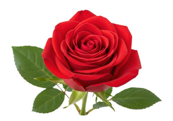 Fototapeta premium A single, vibrant red rose, fully bloomed with velvety petals and green leaves, perfectly centered on a pristine transparent background, macro shot, soft front lighting, concept of purity and timeless