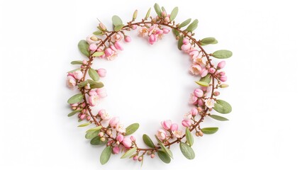 Circular border adorned with pink floral buds, eucalyptus twigs, and foliage on a white backdrop, viewed from above.