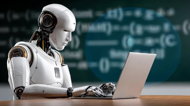 Robot uses laptop to solve complex math problems in modern workspace during daytime