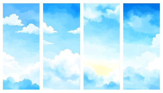 Four vertical panel illustrations showcase a serene blue sky with puffy, white clouds. Some panels have hints of yellow representing sunlight