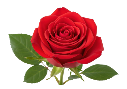 A single, vibrant red rose, fully bloomed with velvety petals and green leaves, perfectly centered on a pristine transparent background, macro shot, soft front lighting, concept of purity and timeless