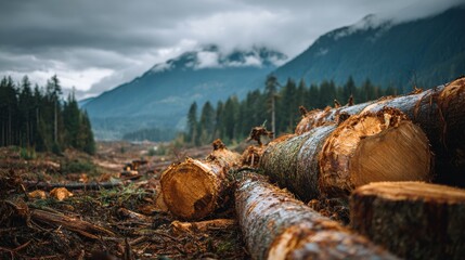 A forest scene depicts logged trees in the foreground, with a valley and mountains under an overcast sky in the distance