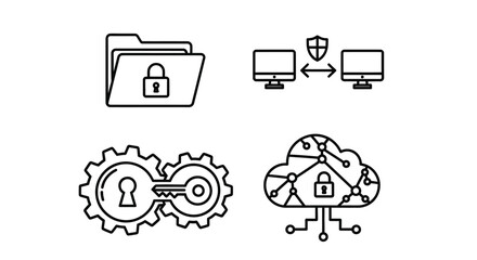 Set of security and data protection icons representing cybersecurity cloud computing and network safety vector
