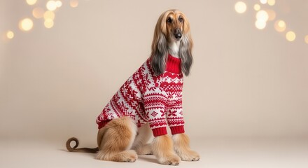 An elegant Afghan hound dog wearing a festive red and white Christmas sweater. Holiday pet portrait in a studio with bokeh lights. Christmas Jumper Day concept with copy space