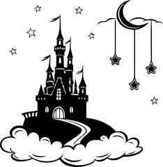 Silhouette of Whimsical Castle on Cloud with Hanging Stars and Moons – Fantasy Scene in Black and White