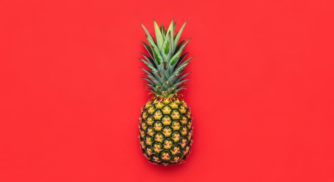 Ripe Pineapple Whole Tropical Fruit on Red Background Isolated Exotic Sweet and Juicy Summer Produce Healthy Diet and Vegan Food Option