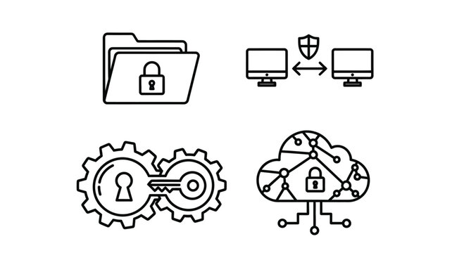 Set of security and data protection icons representing cybersecurity cloud computing and network safety vector