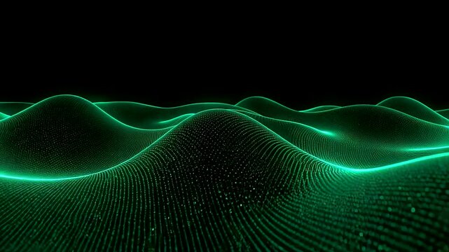Green digital wave landscape with glowing grid lines forming flowing 3D terrain pattern in dark space creating abstract technology concept