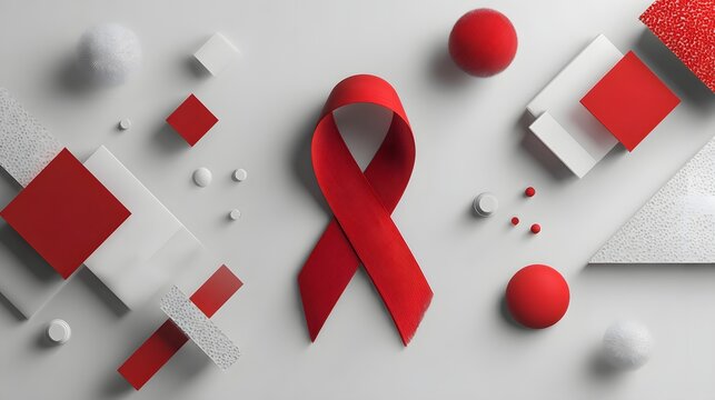 Bright red awareness ribbon composition featuring geometric shapes and spheres on a light background