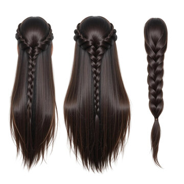 Elegant brunette hair styled in a braided crown and long braid hairstyle fashion