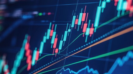 Analyzing a vibrant stock chart with candlesticks and lines, highlighting financial data trends and market insights. The image represents the ever-changing landscape of market