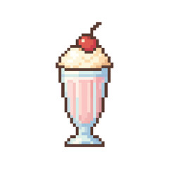 Pixel Art Milkshake Glass Icon with Cherry Vector Illustration