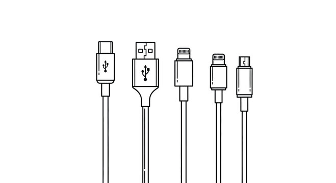 Set of modern usb charging cables with various connector types for devices vector