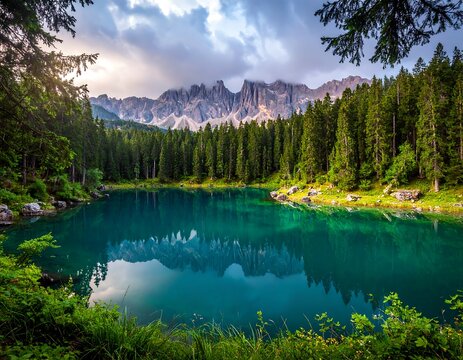 Serene alpine lake reflecting towering mountain range and evergreen forest - Powered by Adobe