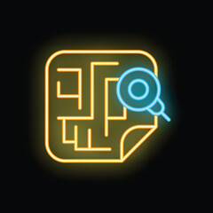 Neon glowing icon of a magnifying glass searching on a city map, representing urban exploration and navigation
