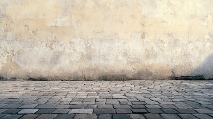 Fototapeta premium A textured stone pavement leads up to a weathered wall, creating a rustic and serene atmosphere.