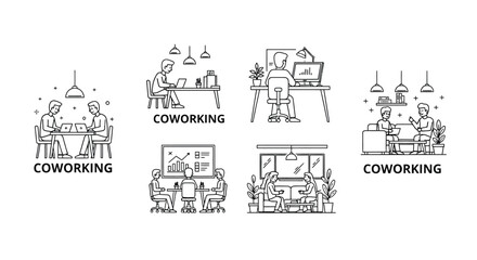 Diverse coworking spaces diverse people working collaborative environments creative office scenes business hubs vector