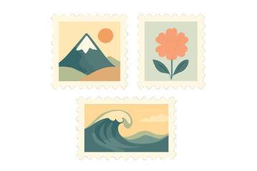 Minimalist postage stamps with nature elements: mountain, sun, flower, and powerful ocean wave