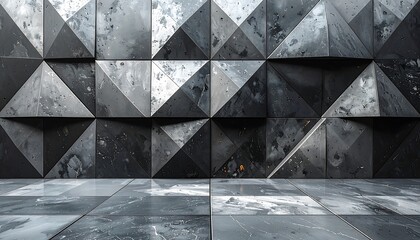 Geometric wall pattern with triangular shapes in shades of gray. Floor beneath is tiled