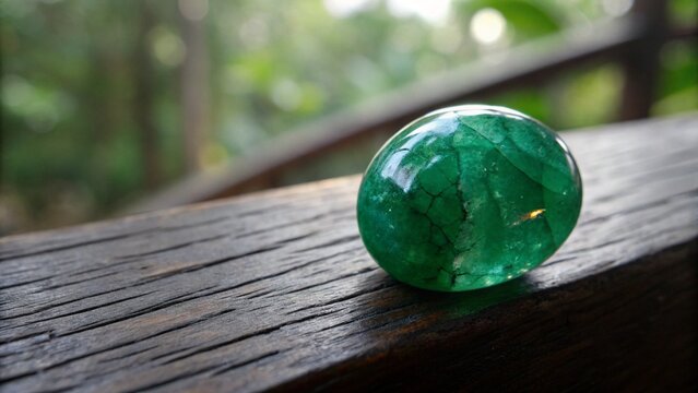 Close Up of Indonesian Batu Akik Bacan Gemstone on Dark Wooden Surface Under Natural Light