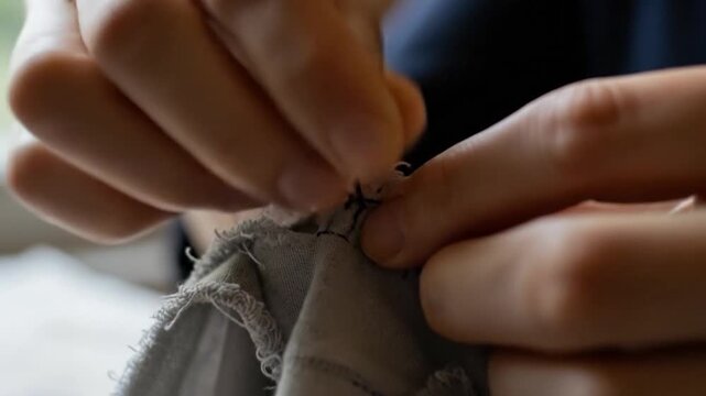Close up shot of person hands using needle and thread to sew fabric textile material repairing or crafting garment