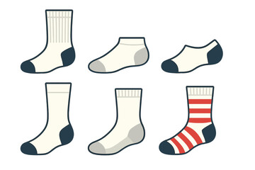 Six pairs of socks displaying various lengths, patterns, and styles including crew and ankle designs