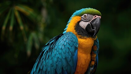 Fototapeta premium Blue and yellow macaw parrot preening its vibrant plumage, showcasing natural beauty