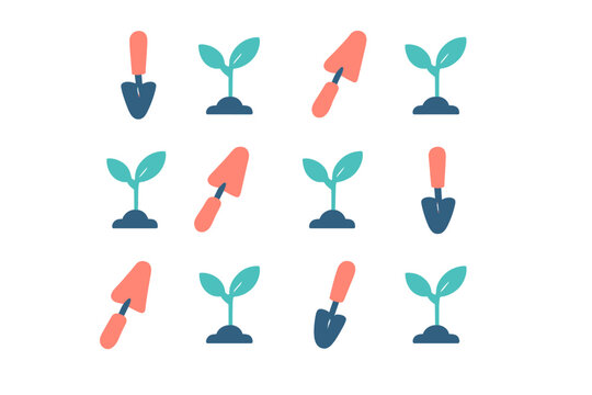 Small plant sprouts growing from soil alternating with garden hand trowels