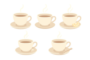 Five steaming cups of hot tea or coffee served on saucers with various additions