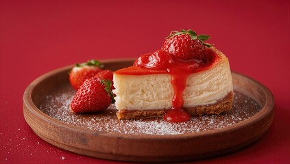 Homemade cheesecake topped with strawberries, a sweet dessert with refined sugar load