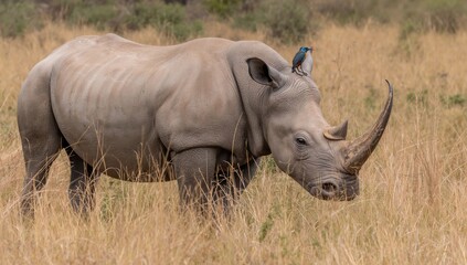 Fototapeta premium Side profile of a square-lipped rhinoceros with prominent horns and a bird perched on its head in dry grassland, a member of the African big five safari animals