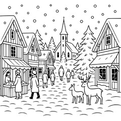 Fototapeta premium Christmas Snow House coloring pages for kids! Features cozy winter homes, snowy scenes, and festive decorations. Perfect for holiday classroom fun, coloring centers, and creative winter art.