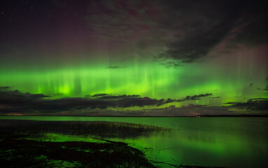 Vivid northern lights glowing green and purple over a calm lake with reflections and scattered clouds under a starry night sky.