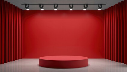 Display your products elegantly using this high-quality exhibition backdrop featuring a red stage pedestal with a circular showcase and studio lighting setup
