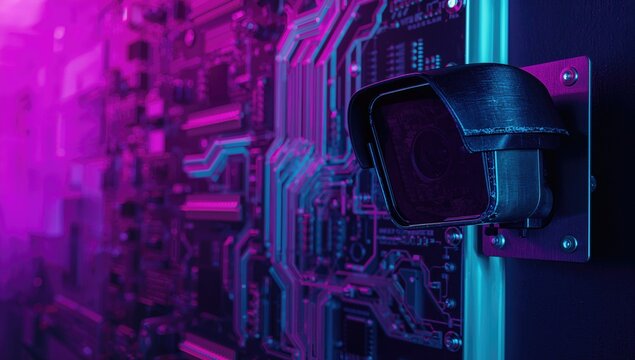 Video-based surveillance system featuring an anti-vandal camera enclosure and printed circuit boards in the backdrop, highlighting the security setup.