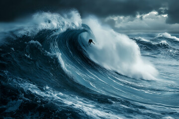 Obraz premium Dramatic scene of a surfer riding a huge ocean wave under dark stormy skies. Powerful image of nature’s force, adventure, and extreme sports.