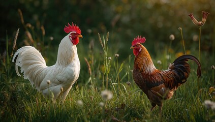 Fototapeta premium Garden scene with white and brown roosters featuring red combs and wattles