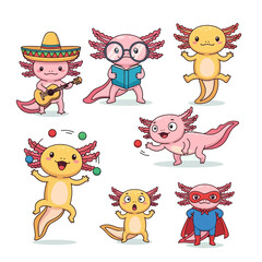 Obraz premium Set of cute cartoon axolotl characters in various poses and costumes.