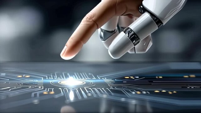 Robotic hand interacts with high-tech circuit board in futuristic environment