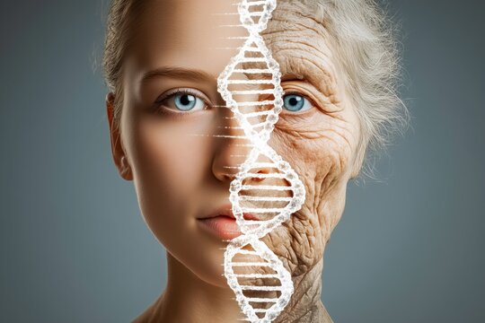 Gradual transformation of a young face into an old face, overlaid with a glowing DNA helix. Concept of aging, genetics, and healthcare.