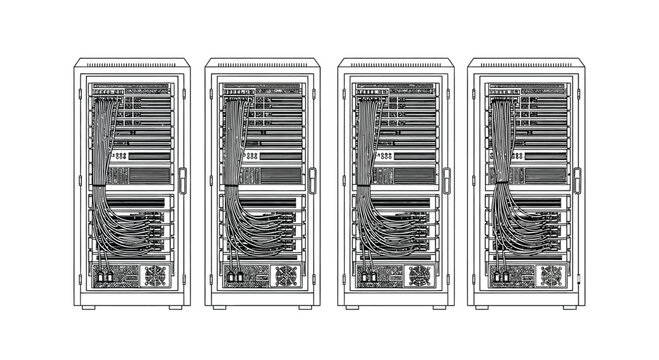 Modern data center server racks row technology computing equipment information storage digital network vector