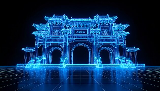 Futuristic, blue-glowing 3D render of a traditional Asian gateway. The intricate architecture stands out against the dark background, with digital grid floor - Powered by Adobe