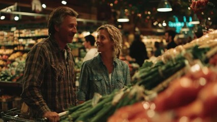 Happy couple shopping together in a vibrant grocery store filled with fresh produce, surrounded by colorful fruits and vegetables, enjoying their time
