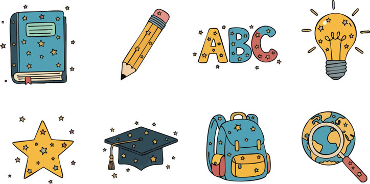 Back to School Educational Icons Featuring Book Pencil ABC Lightbulb Star Graduation Cap Backpack and Globe with Magnifying Glass.