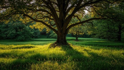 Fototapeta premium Lush green forest with vibrant trees and grass, ideal for nature-focused travel or outdoor activities