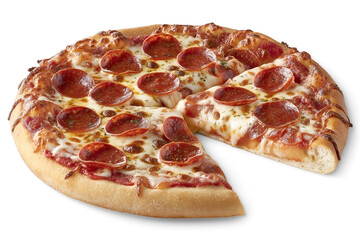 A close-up of a delicious pepperoni pizza slice with gooey melted mozzarella cheese and golden crust, isolated on white background