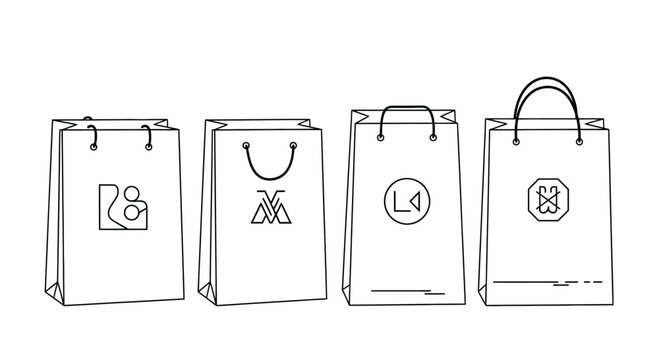 Set of four hand-drawn paper shopping bags with unique embossed logos artistic design vector