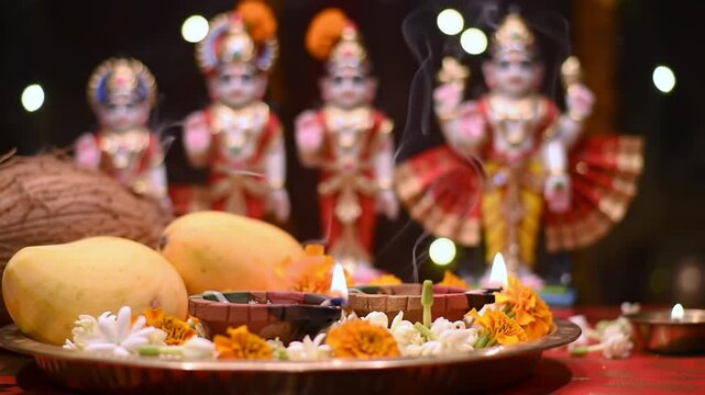 Golden Brass Diya Deep Dia Lamp Lit in Pooja Thali With Flowers, Mithai, Agarbatti And Kalash In Front Of Maa Lakshmi And Bhagwan Ganesha Deva. Diwali ... See More