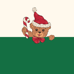 Christmas Greeting Card Template with a Cute Teddy Bear in a Santa Hat Holding a Christmas Candy Cane and Peeking from behind a Horizontal Green Banner with Copy Space for Text. Vector Illustration